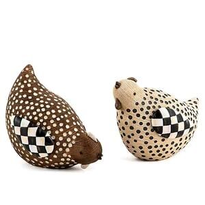 MACKENZIE-CHILDS Woodland Chicks Hand-Painted Brown Tan Dots Check Set of 2 NEW